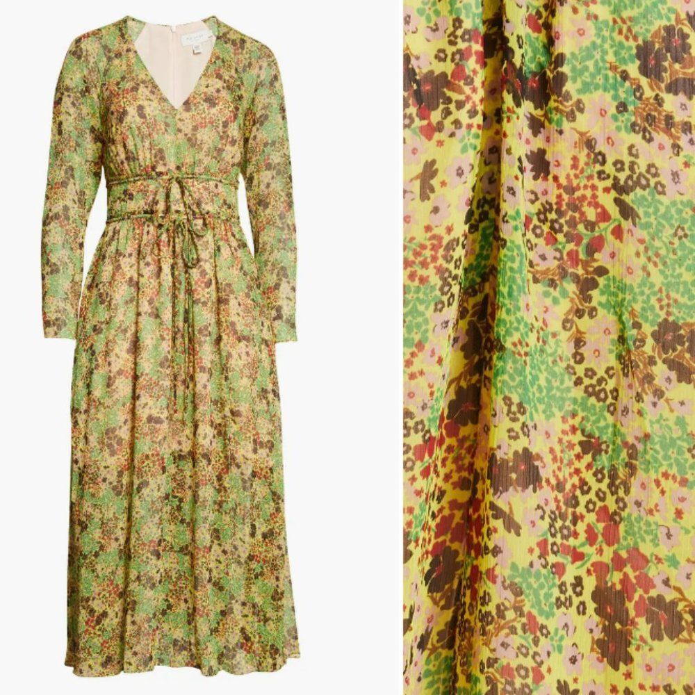 Ted Baker London Umah Long Sleeve Midi Dress Green Yellow Floral Size US 2